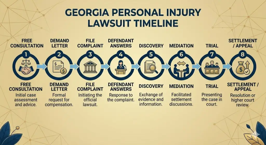 Infographic titled "Georgia Personal Injury Lawsuit Timeline" with eight steps: Free Consultation, Demand Letter, File Complaint, Defendant Answers, Discovery, Mediation, Trial, and Settlement/Appeal.