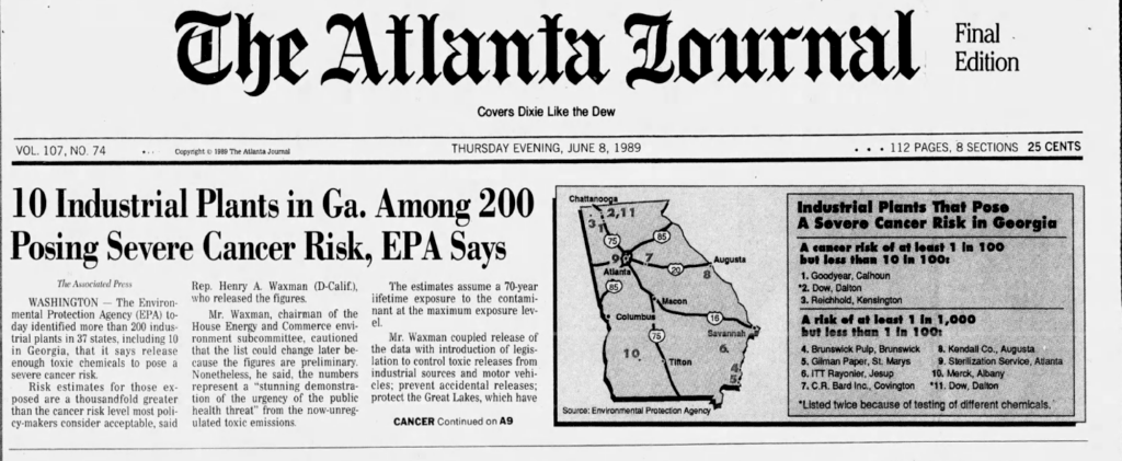 Newspaper front page titled "The Atlanta Journal," dated June 8, 1989. Headline: "10 Industrial Plants in Ga. Among 200 Posing Severe Cancer Risk, EPA Says." Includes a map of Georgia highlighting affected areas, suggesting high cancer risk. Tone is serious and informative.