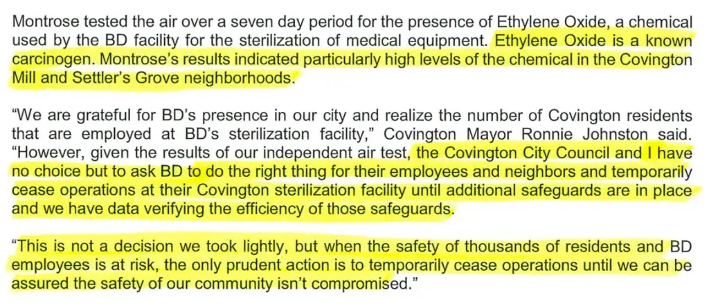 Text describing air quality tests revealing high Ethylene Oxide levels in Covington. City officials call for temporary shutdown of sterilization facility.
